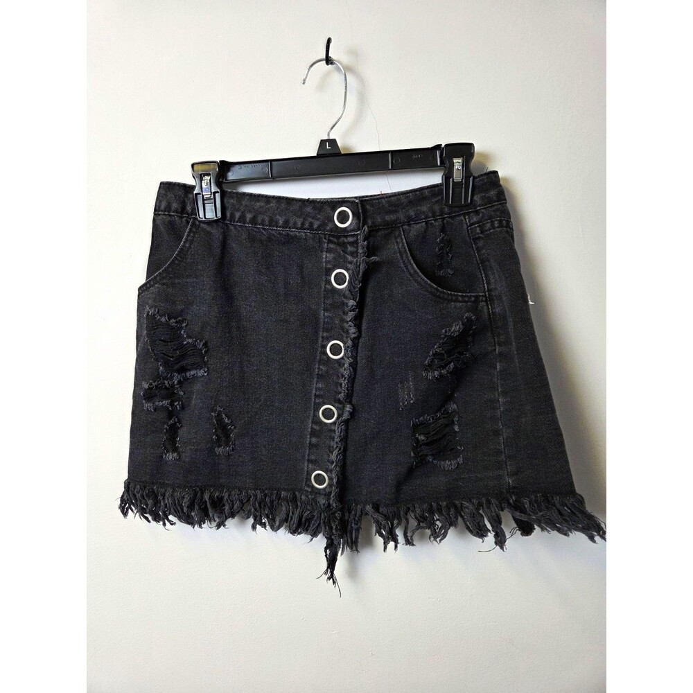 Signature8 Black Distressed Button Front Denim Mini Skirt Size M - Picture 1 of 8